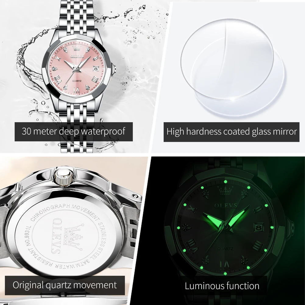 OLEVS Women Watches Elegant Luxury Stainless Steel Strap Original Quartz Wristwatch for Man Waterproof Luminous Date Trend Dress