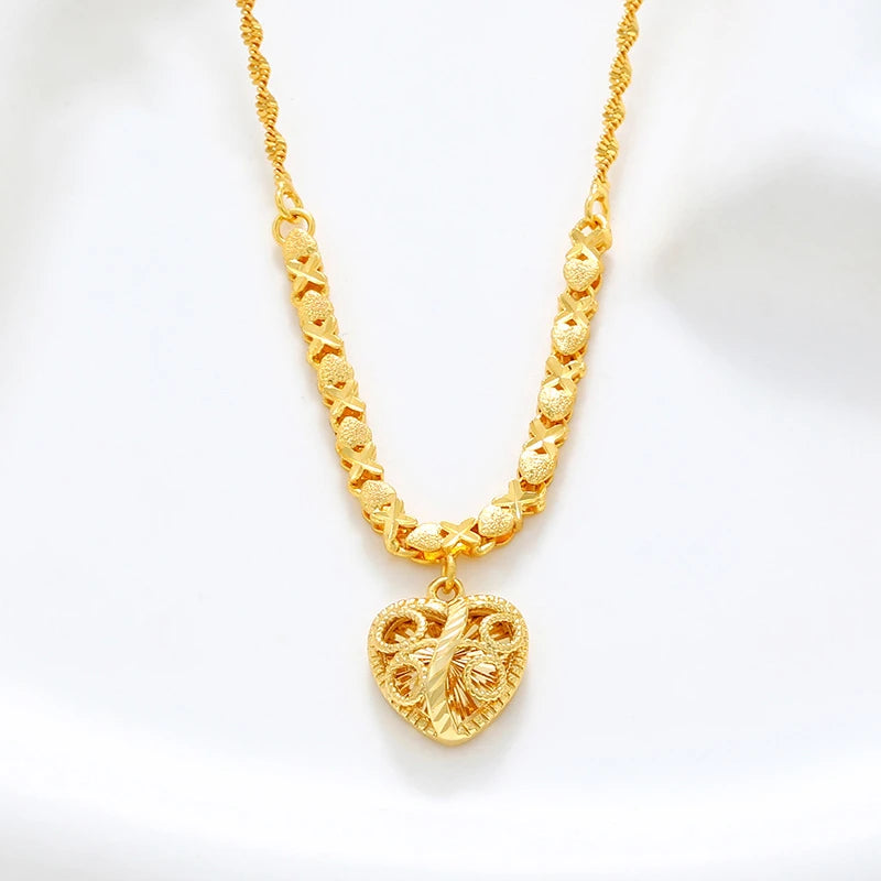 Fashion 24K real gold Heart pendant water wave chain collar senior sense 999 gold vintage quality exquisite love necklace women