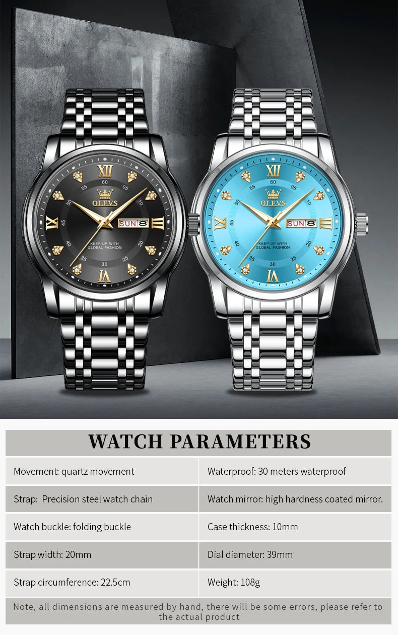 OLEVS Top Brand Quartz Watch for Men Classic Business Men's Wristwatch Dual Calendar Waterproof Men's Watches (Exclusive New)