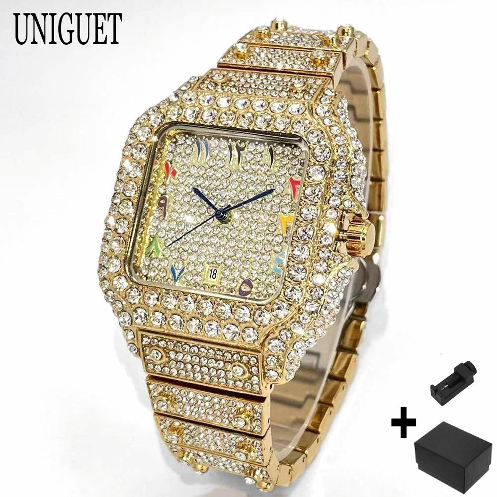 Hot Luxury Jewelry Watch For Women's UNIGUET Fashion Small Pink Dial Hip Hop Iced Diamond Quartz Wristwatch Small Size For Women