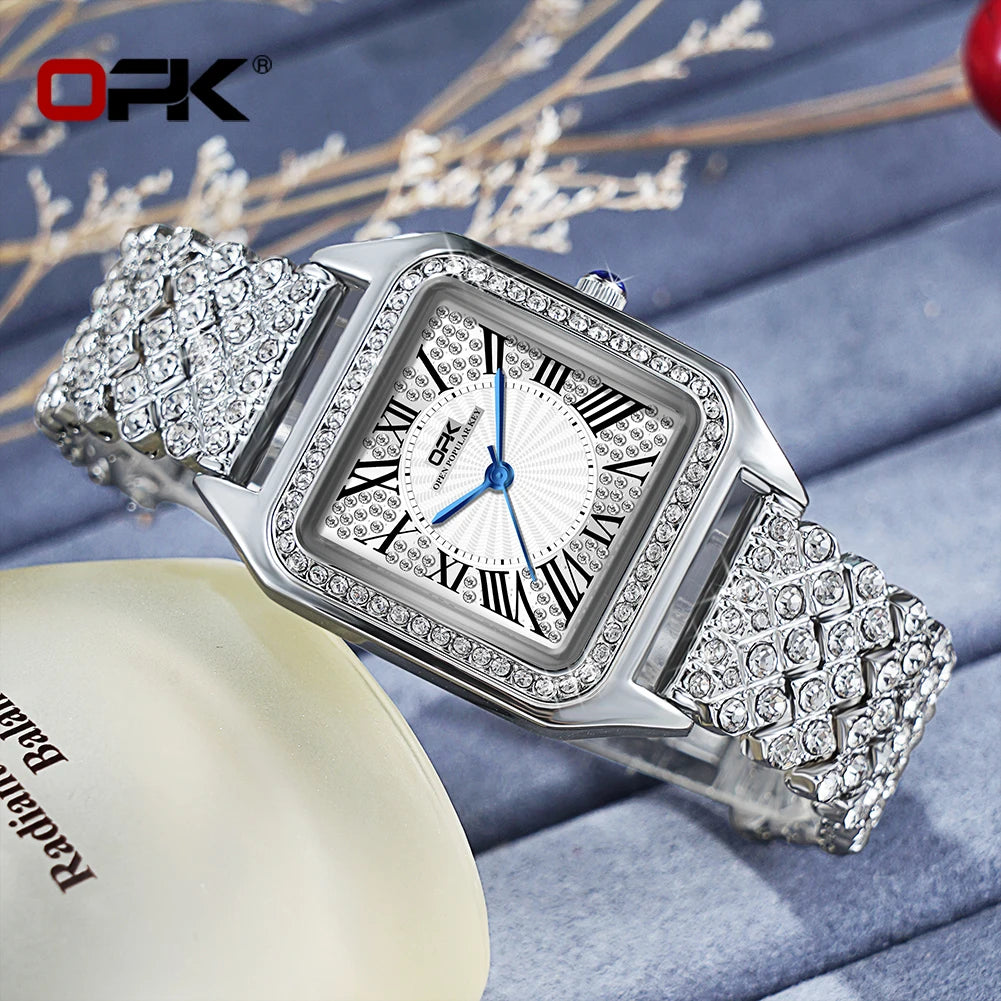 OPK Brand Full Diamond Waterproof Roman Scale Steel Belt Ladies Quartz Watch 8619