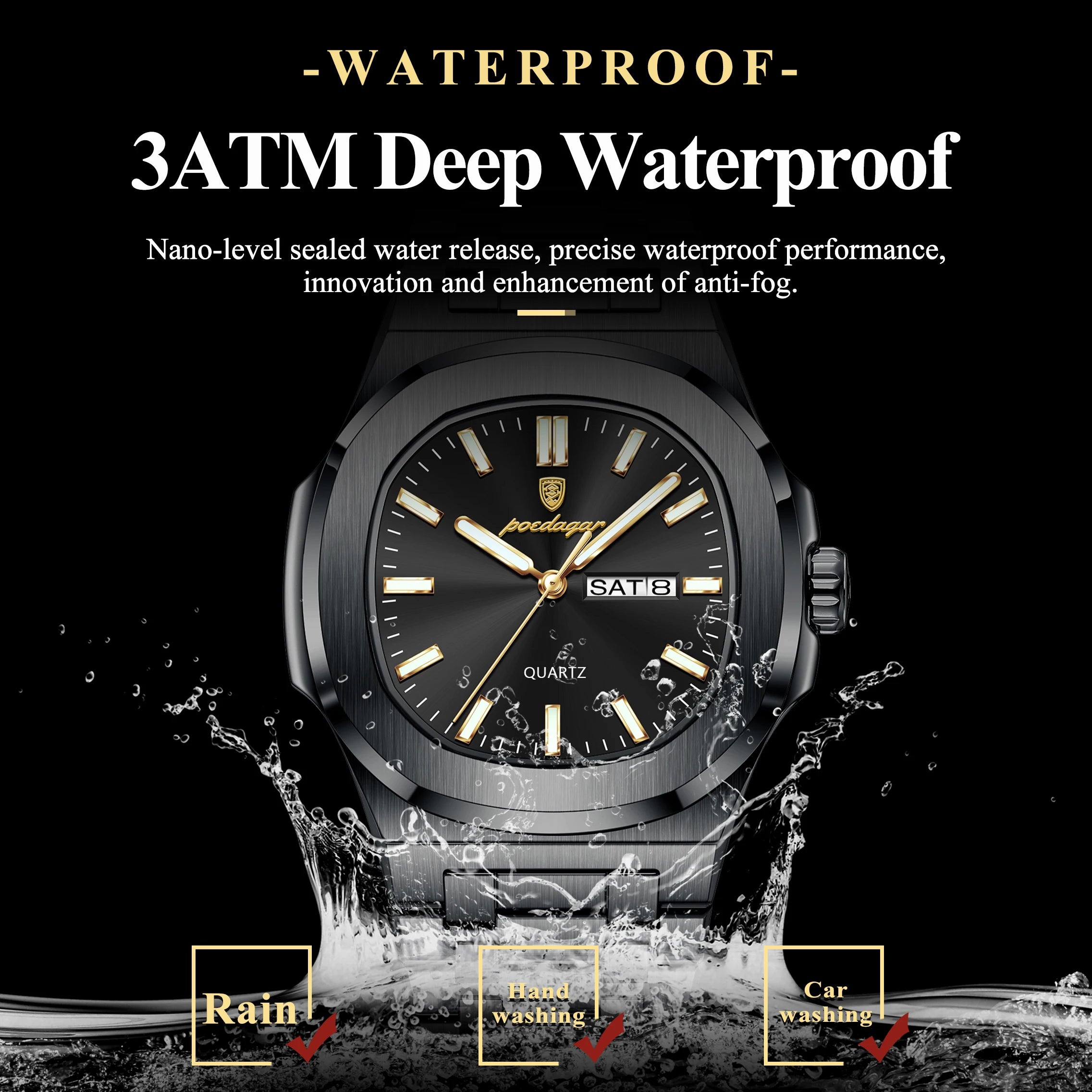 POEDAGAR Original Square Watches For Men Week Date Stainless Steel Man Watch Luminous Waterproof Luxury Men's Quartz Wristwatch