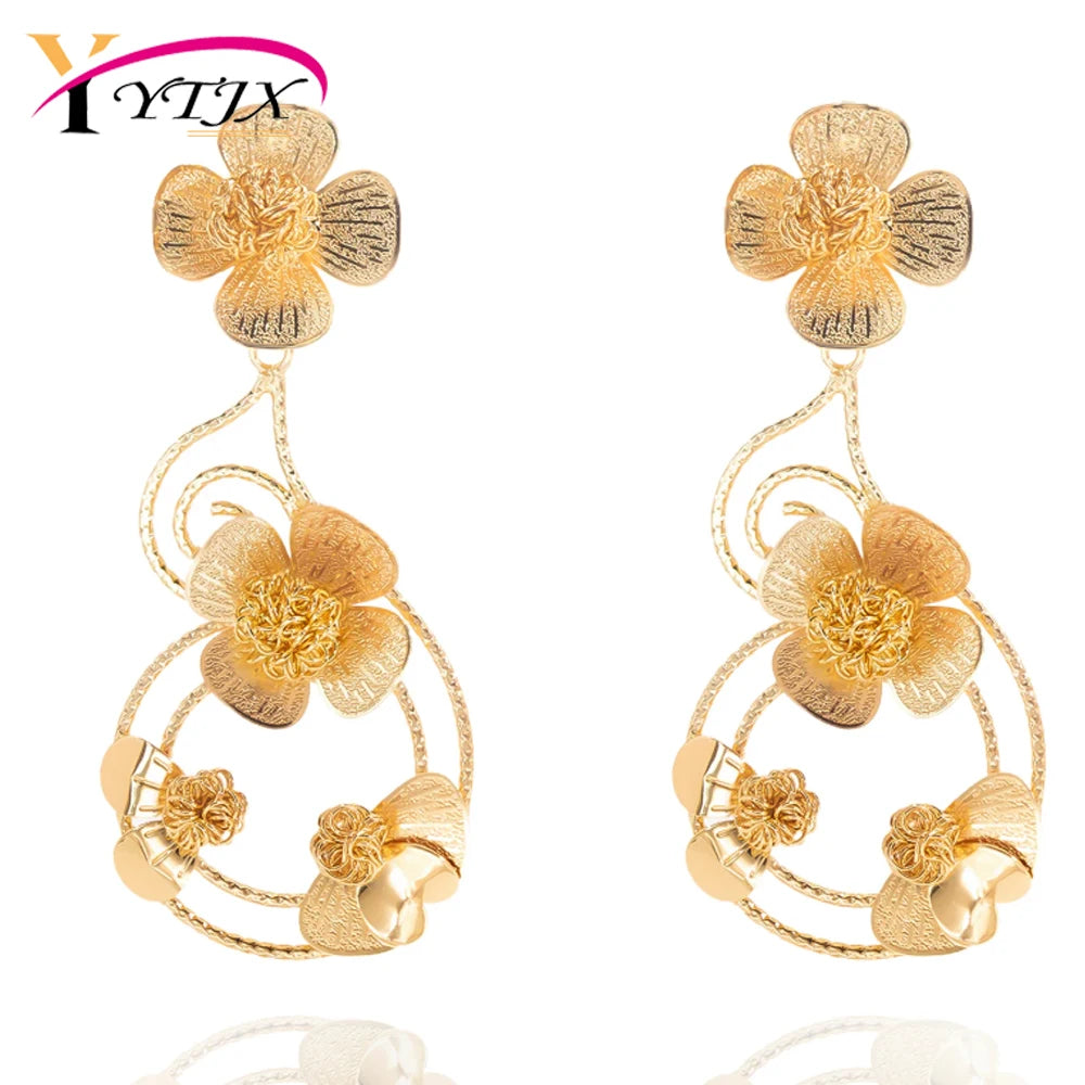 YTJX  18K Gold Color Flower Earrings For Women Design Geometric Hollow-out Big Earrings Party Jewelry  2025 New Christmas Gifts