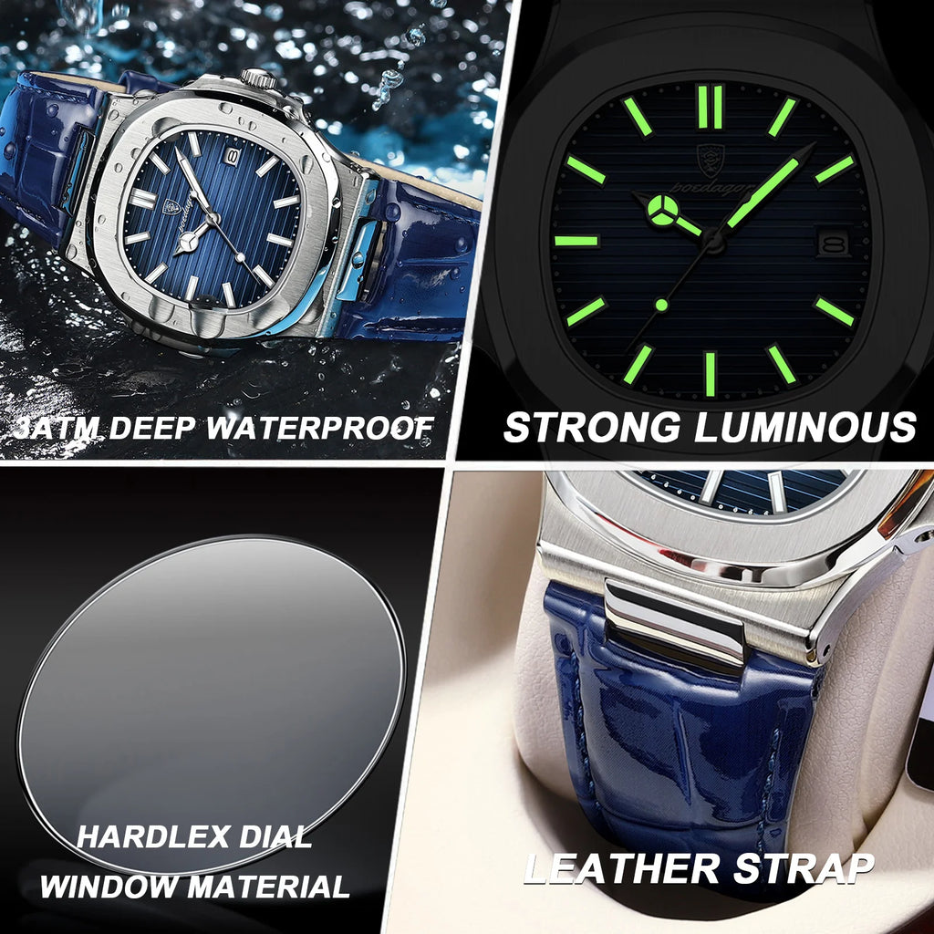 POEDAGAR Top Luxury Man Watch Date Waterproof Luminous Leather Watches For Men High Quality Square Men's Quartz Wristwatch Reloj