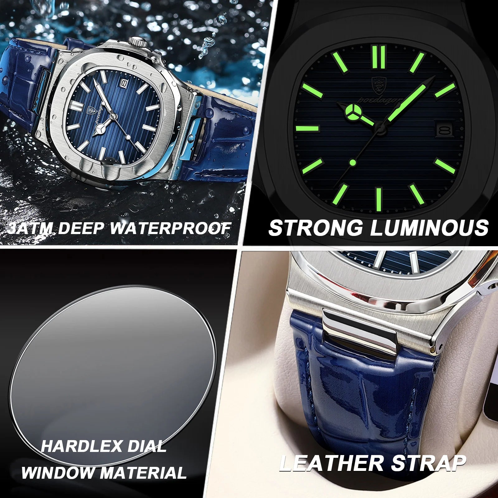 POEDAGAR Top Luxury Man Watch Date Waterproof Luminous Leather Watches For Men High Quality Square Men's Quartz Wristwatch Reloj