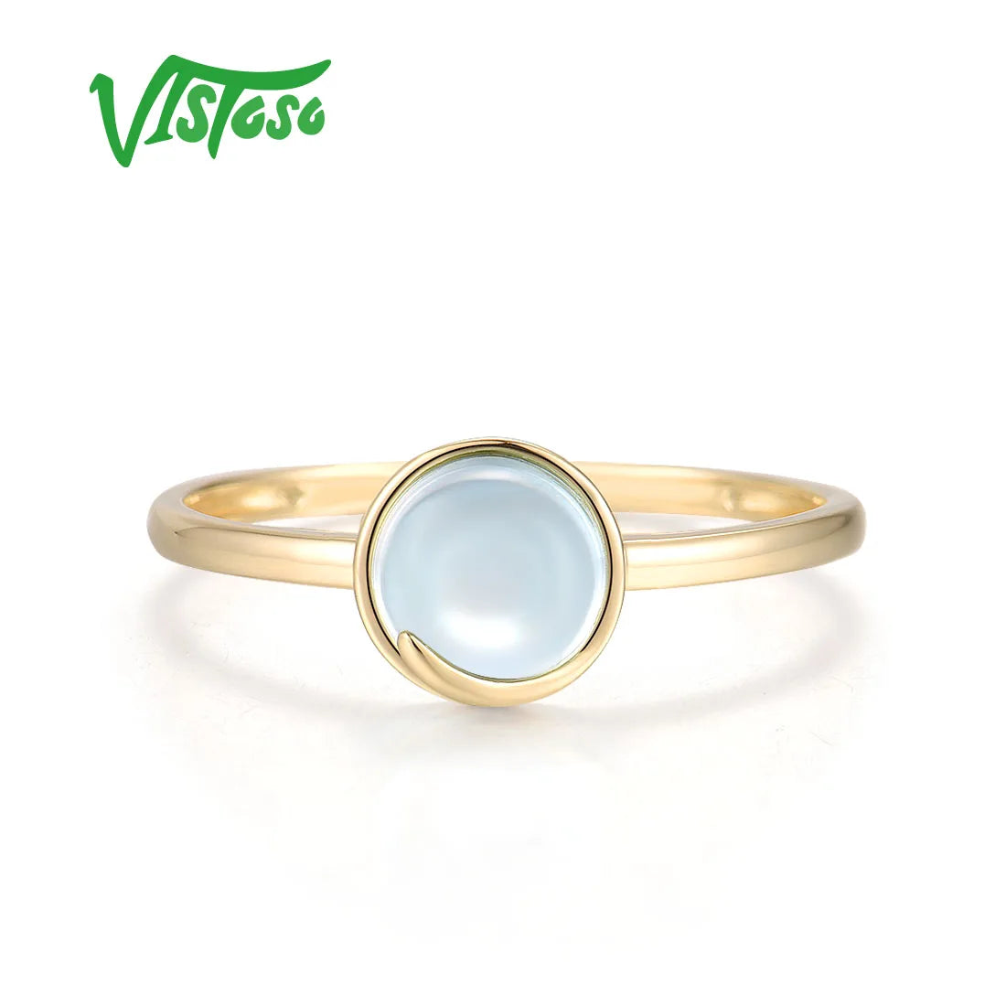 VISTOSO Pure 14K 585 Yellow Gold Rings For Women Genuine Sky Blue Topaz Solitaire Classsic Delicate Round Wedding Fine Jewelry