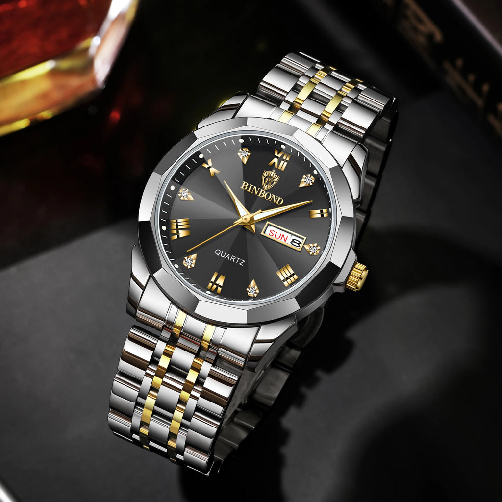 BINBOND Taper Glass Luxury Quartz Wristwatches For Men Luminous Waterproof Precise Durable men's Watch Stainless Steel Reloj