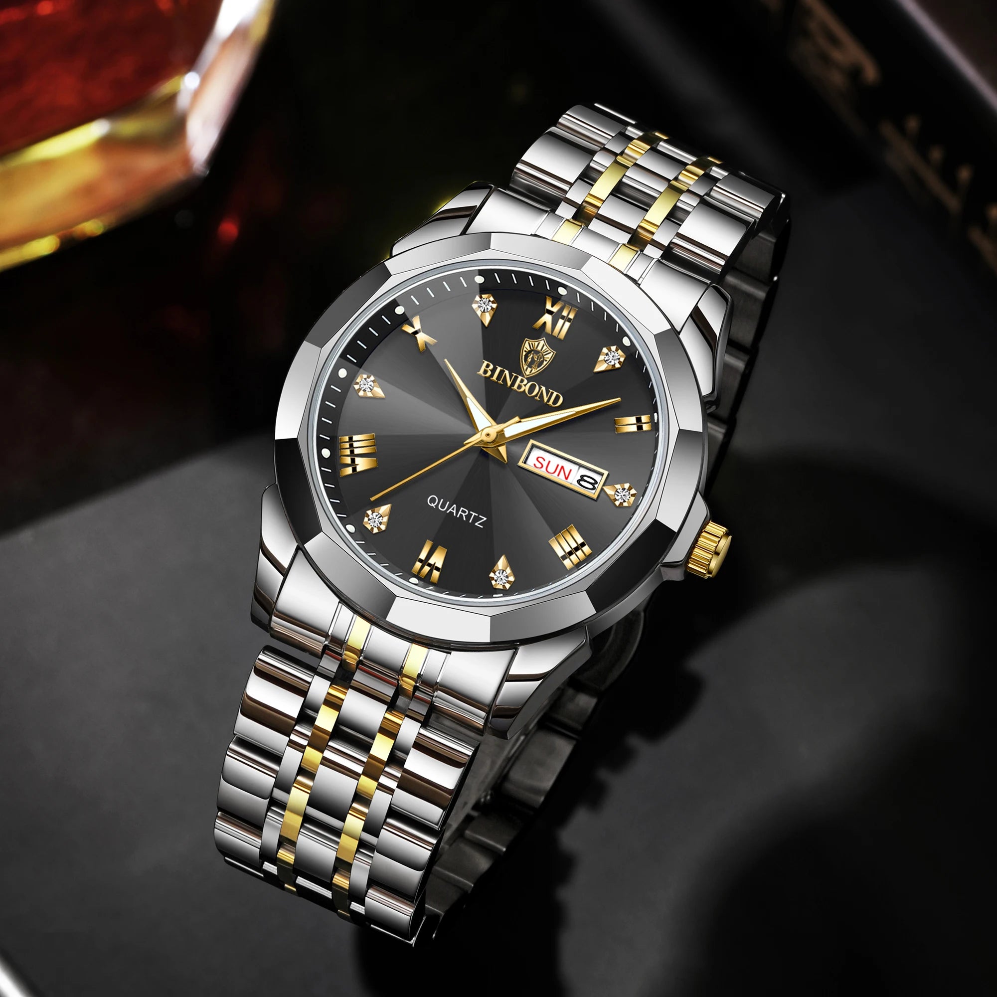 BINBOND Taper Glass Luxury Quartz Wristwatches For Men Luminous Waterproof Precise Durable men's Watch Stainless Steel Reloj