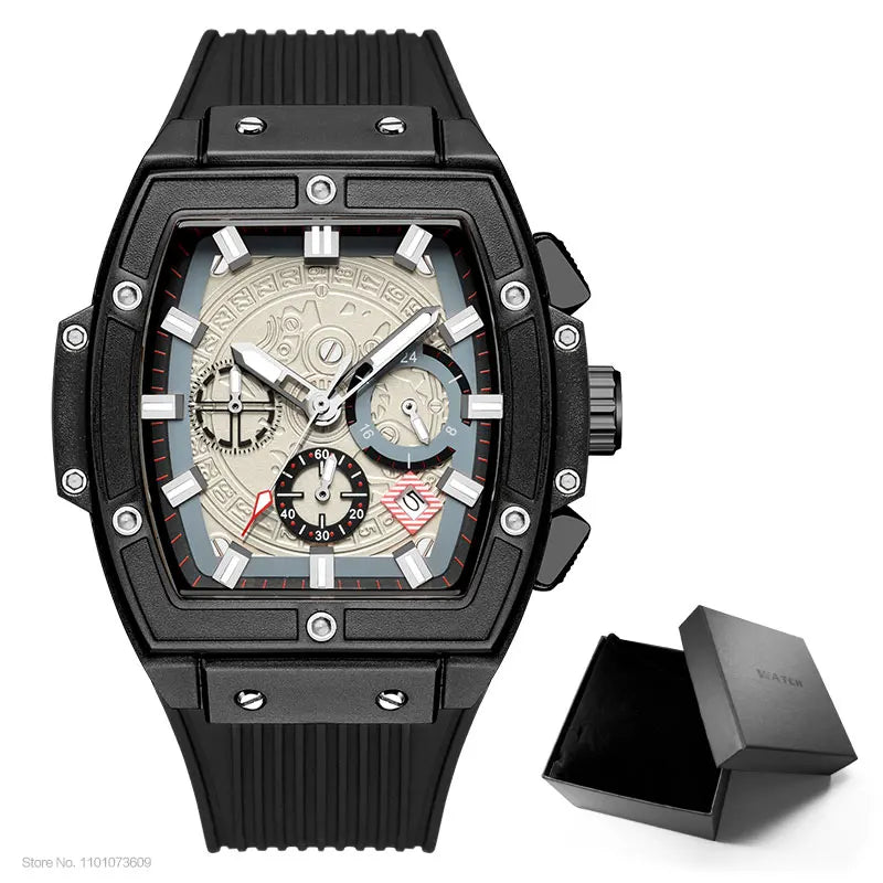 MEGIR & RUIMAS Watches for Men Fashion Military Sport Tonneau Chronograph Quartz Wristwatch with Date 24-hour 3atm Waterproof