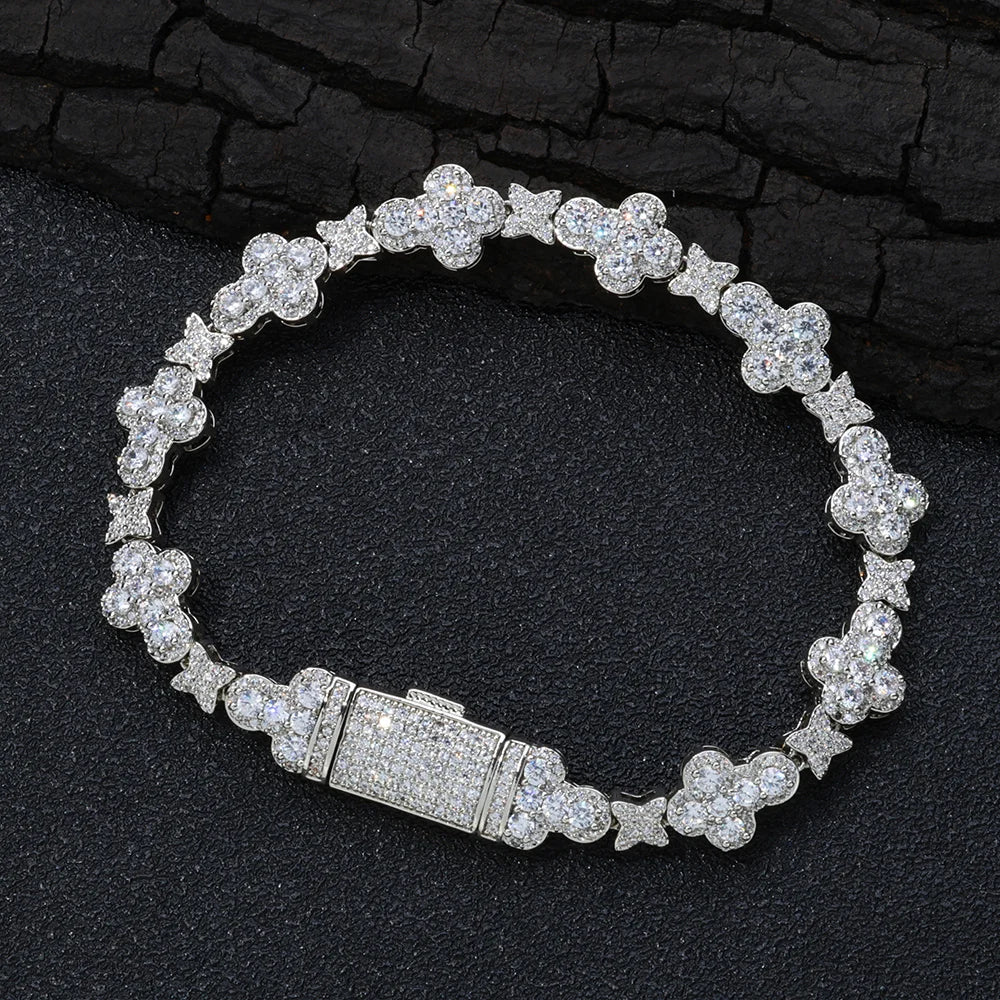 Personalized Trendy Niche Jewelry Hip Hop Cuban Chain 10mm Cross Flower Filled Zircon Bracelet for Men and Women