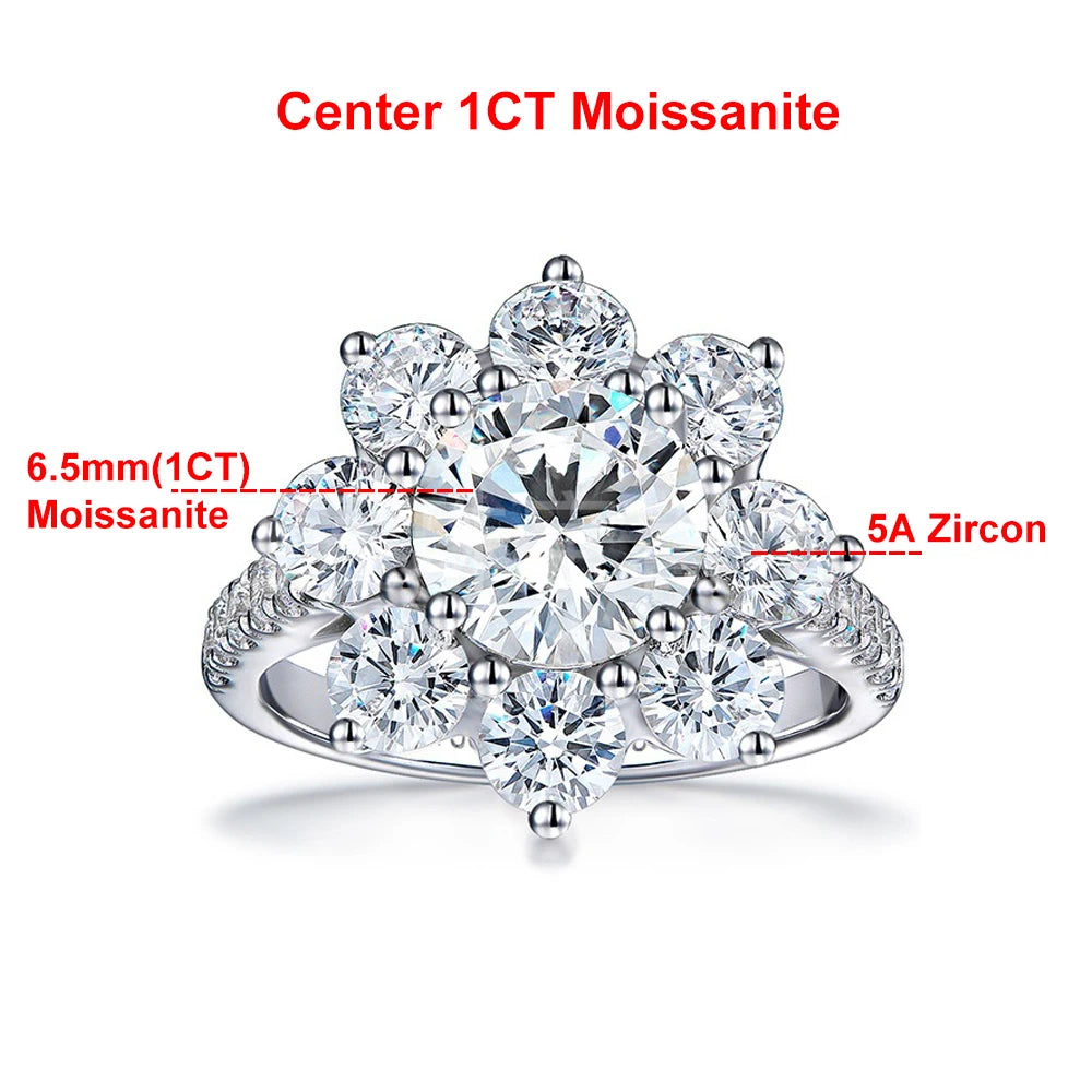 2 Carat Sunflower Real Moissanite Engagement Rings For Women 925 Sterling Silver 18K White Gold Plated Wedding Band with GRA