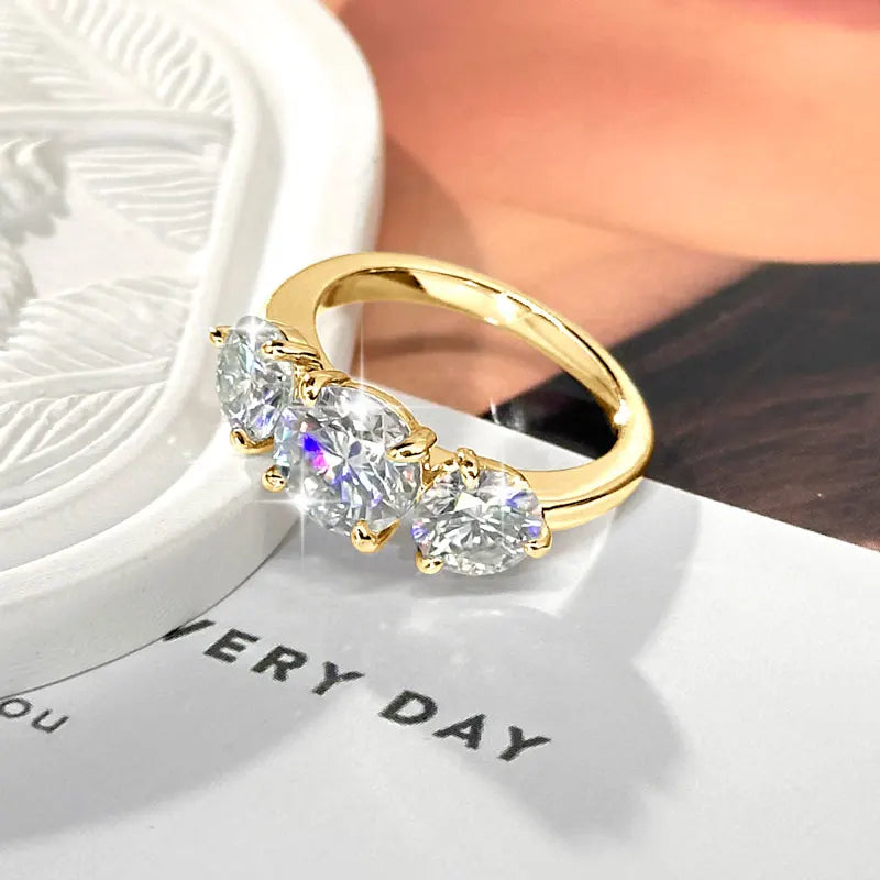 IOGOU 14k Gold Filled Three Stone Ring 8mm&6.5mm D Color Round Moissanite Certified Engagement Wedding Jewelry for Women Rings