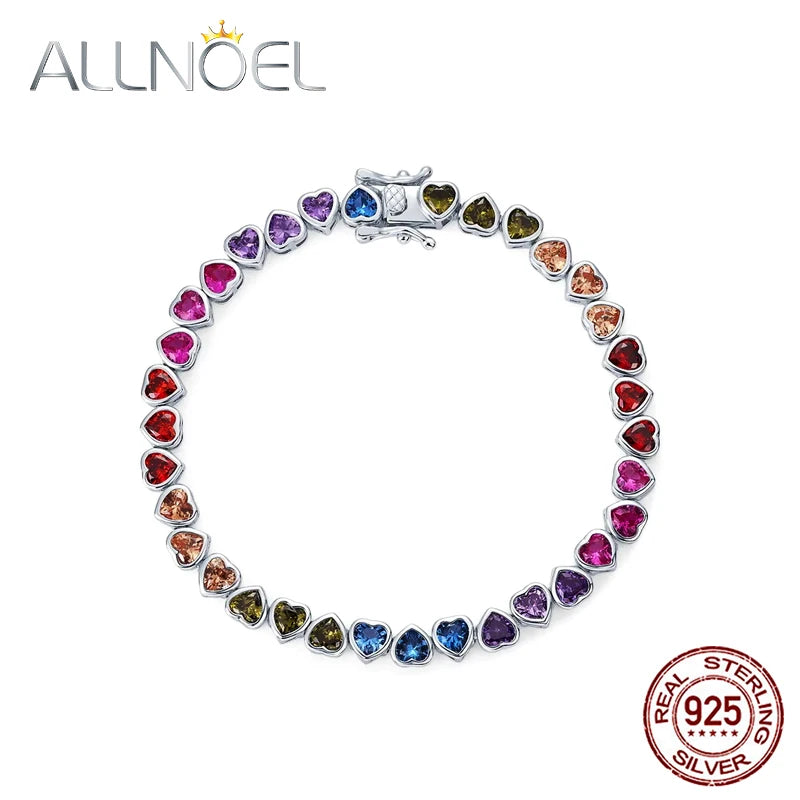 ALLNOEL 925 Sterling Silver Tennis Bracelet Colorful Rainbow CZ Heart Shaped Zircon Bracelet For Women Fine Jewelry Wholesale