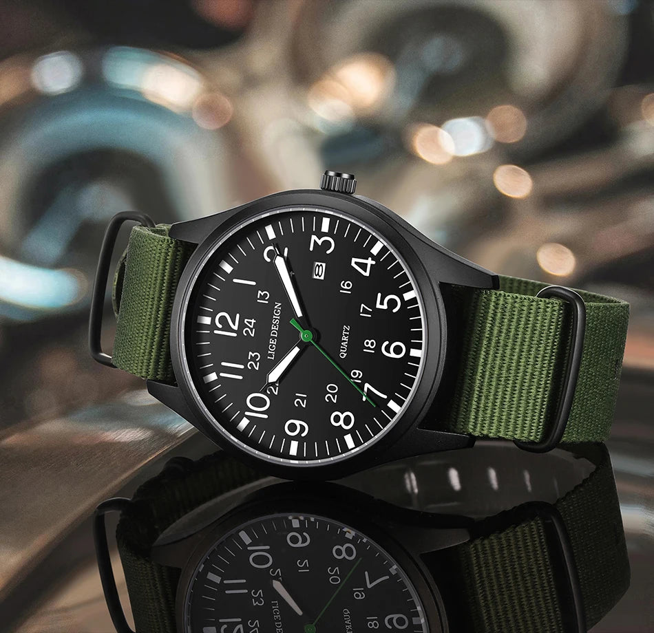 LIGE Top Brand Luxury Men Quartz Watch Date Nylon Leather Waterproof Luminous Military Sports Watches For Men relogios masculino