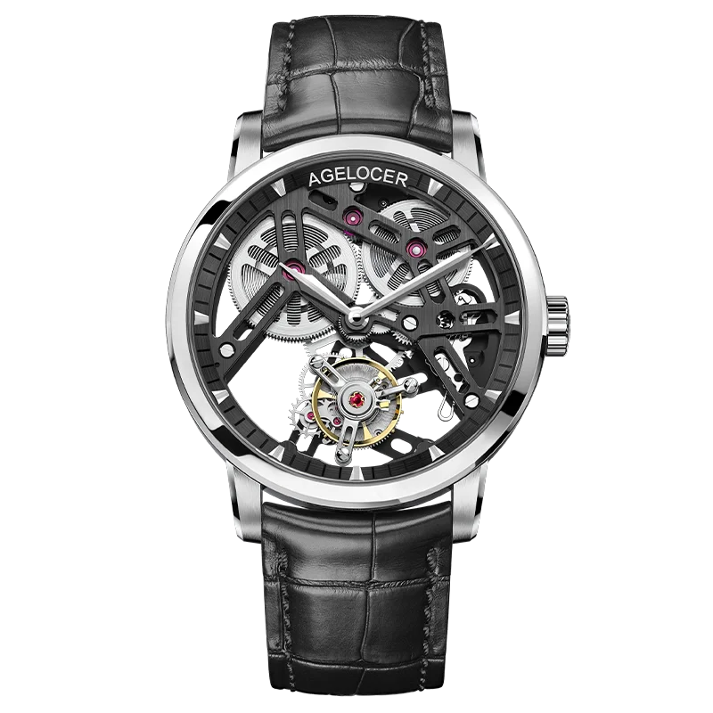AGELOCER Original Tourbillon Watch Fashion Men's Business Formal Luxury Skeleton Manual Mechanical Watch Birthday Gift for Men