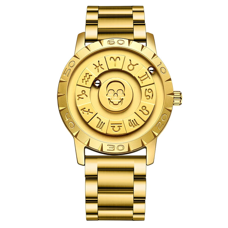 FOXOBOX New Original Luxury Skull Scrolling Pointer Magnetic Force Watch Men Military Sport Waterproof Quartz Wristwatch Clock