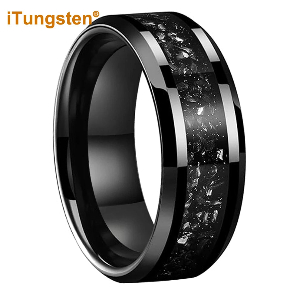 iTungsten 6mm 8mm Silver/Black Tungsten Promise Rings for Men Women Meteorite Shavings Inlay Fashion Engagement Wedding Bands