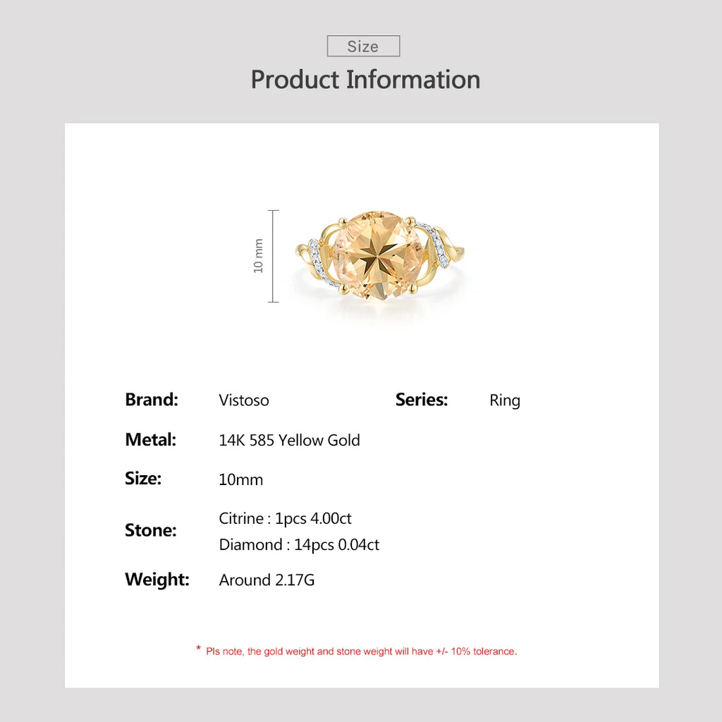 VISTOSO Genuine 14K 585 Yellow Gold Ring For Women Sparkling Diamond Citrine Attractive Wedding Engagement Dalicate Fine Jewelry