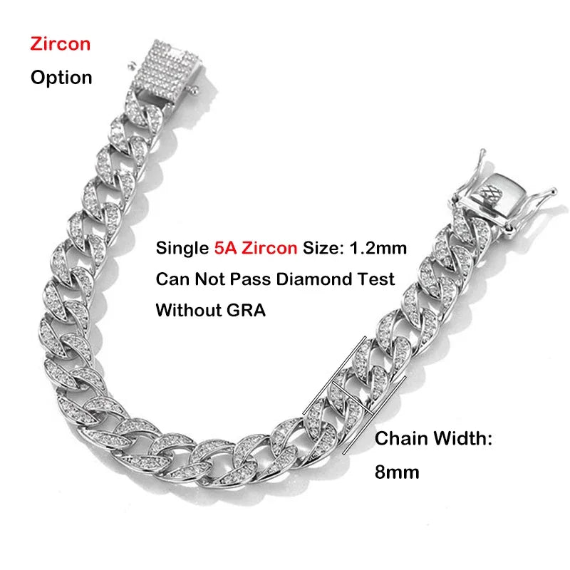 EWYA Full 1.2mm D Color Moissanite Cuban Chain Bracelet For Men Women S925 Silver Pass Diamond Test 8mm Wide Link Bracelets Gift