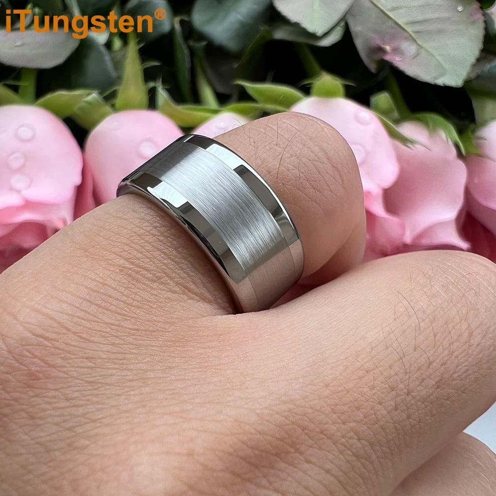 iTungsten 10mm 12mm Big Finger Ring Mens Tungsten Flat Engagement Wedding Band With Center Brushed Polished Finish Comfort Fit