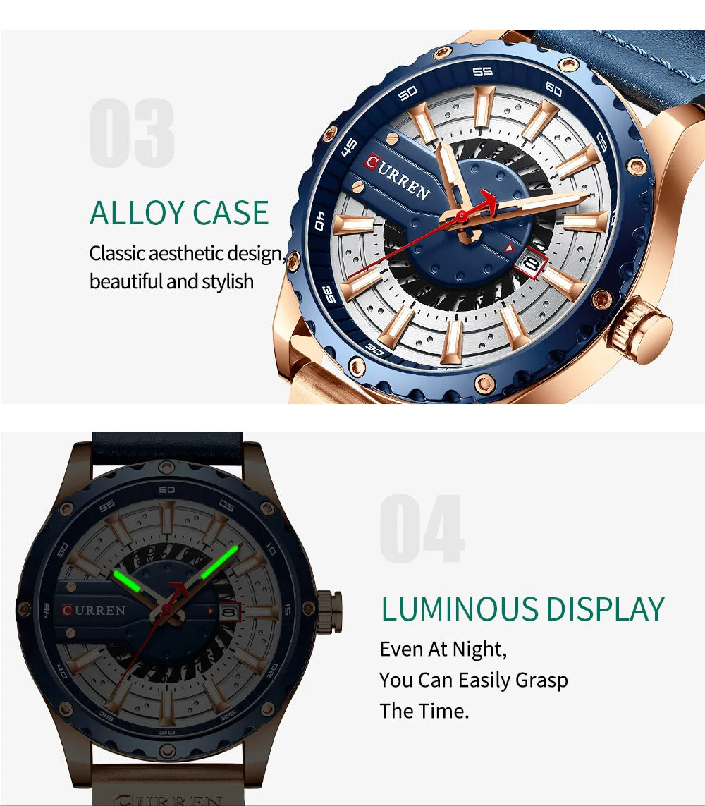 CURREN Mens Watches Top Brand Luxury Casual Quartz Leather Wristwatches Business Male Clock with Date and Luminous hands