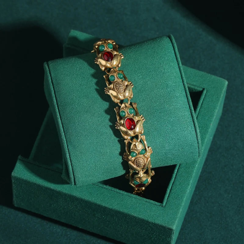 Vintage Adjustable Frog Charm Bracelet with Natural Stone Eyes - 18K Gold Plated Unique Jewelry for Women