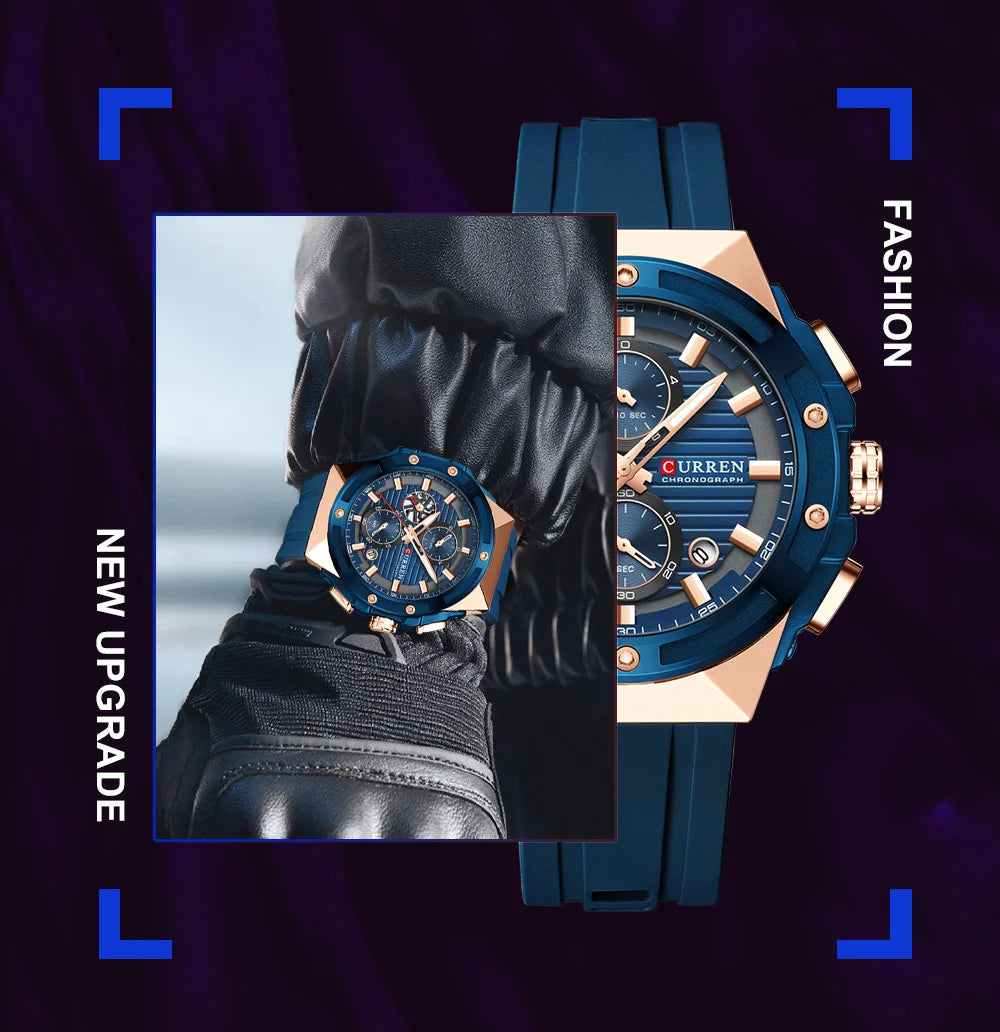 CURREN Classic Brand Men's Wristwatches Casual Business Quartz Silicone Watches with Luminous Hands Chronograph Dial