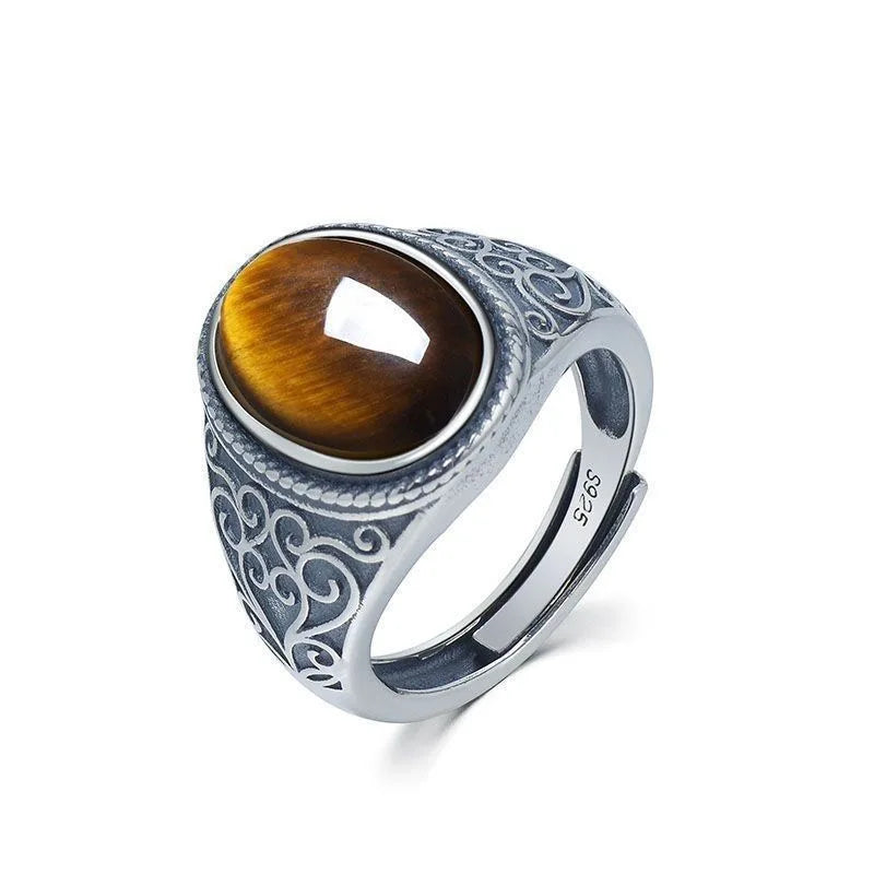 925 Sterling Silver Vintage Natural Tiger's Eye Stone 10*14MM Retro Style Large Stone Finger Rings Fine Jewelry For Men