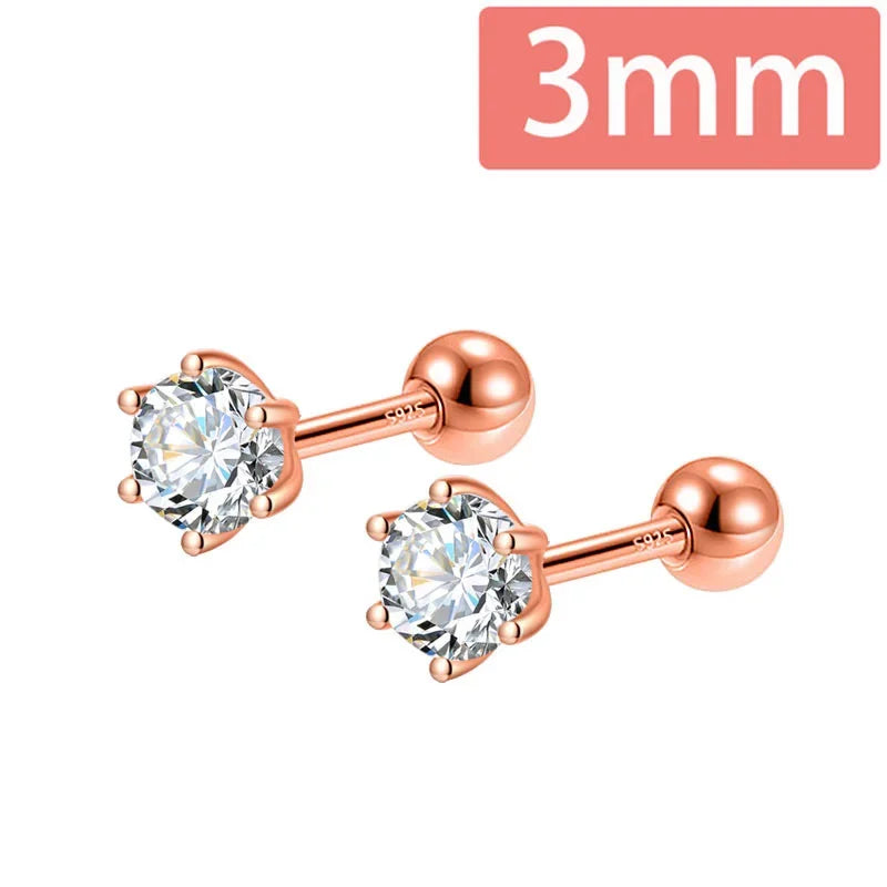 Trustdavis Real 925 Silver Fashion Gold Six Claw 3/4/5mm CZ Screw Stud Earrings for Women Daily Wear Fine Jewelry Gift DA2712