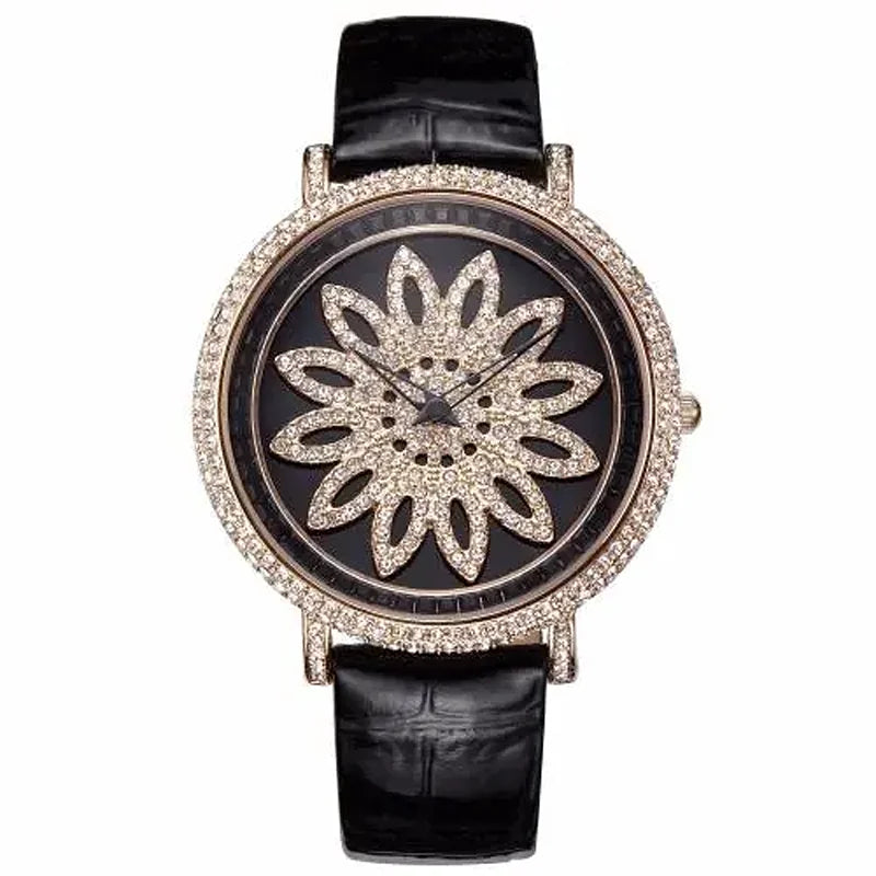 Davena Lady Women's Watch Spin Crystal Rhinestones Hours Fashion Real Leather Bracelet Luxury Girl's Birthday Gift Box