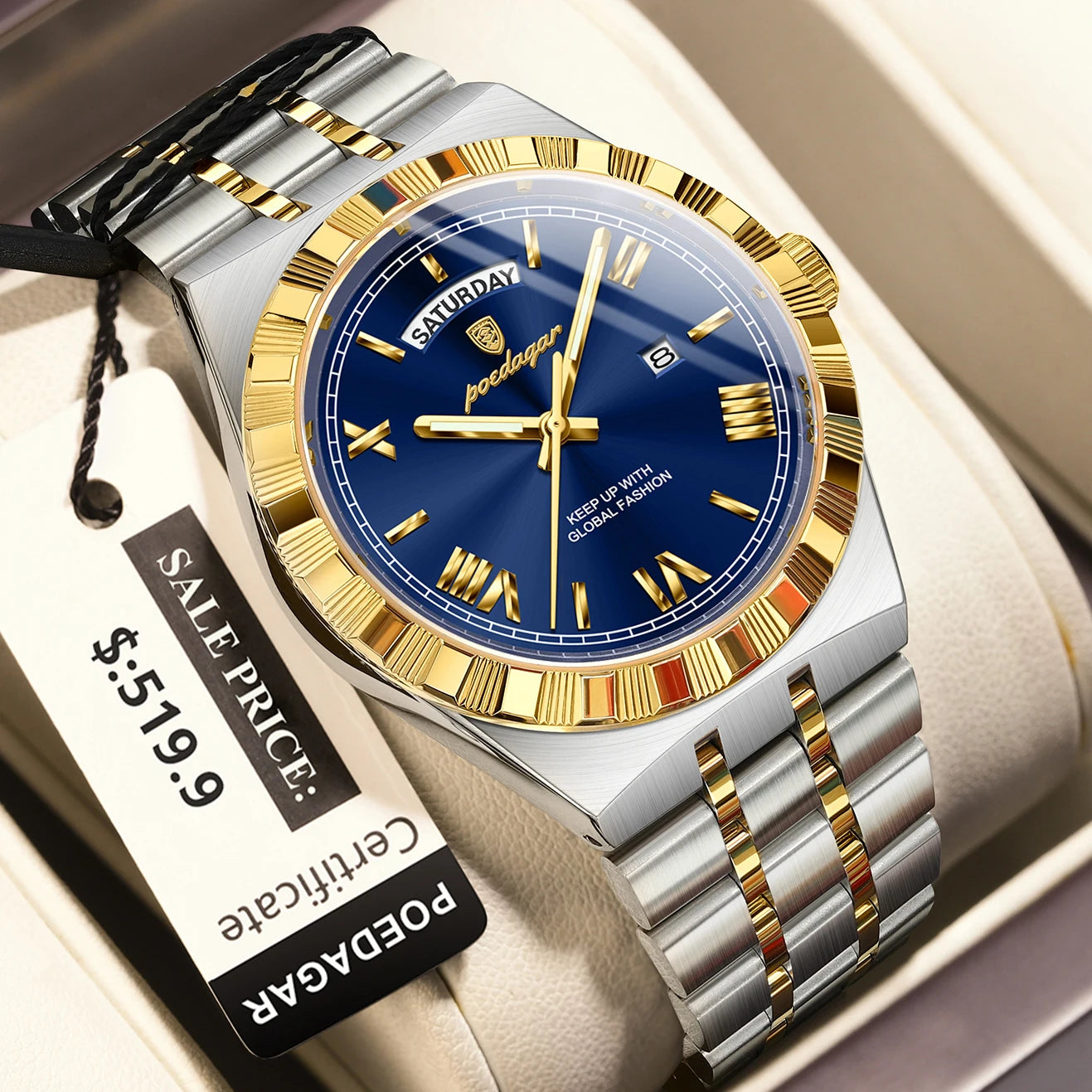POEDAGAR Luxury Business Man Watch Week Date Waterproof Luminous Watches For Men Stainless Steel Quartz Men's Fashion Wristwatch