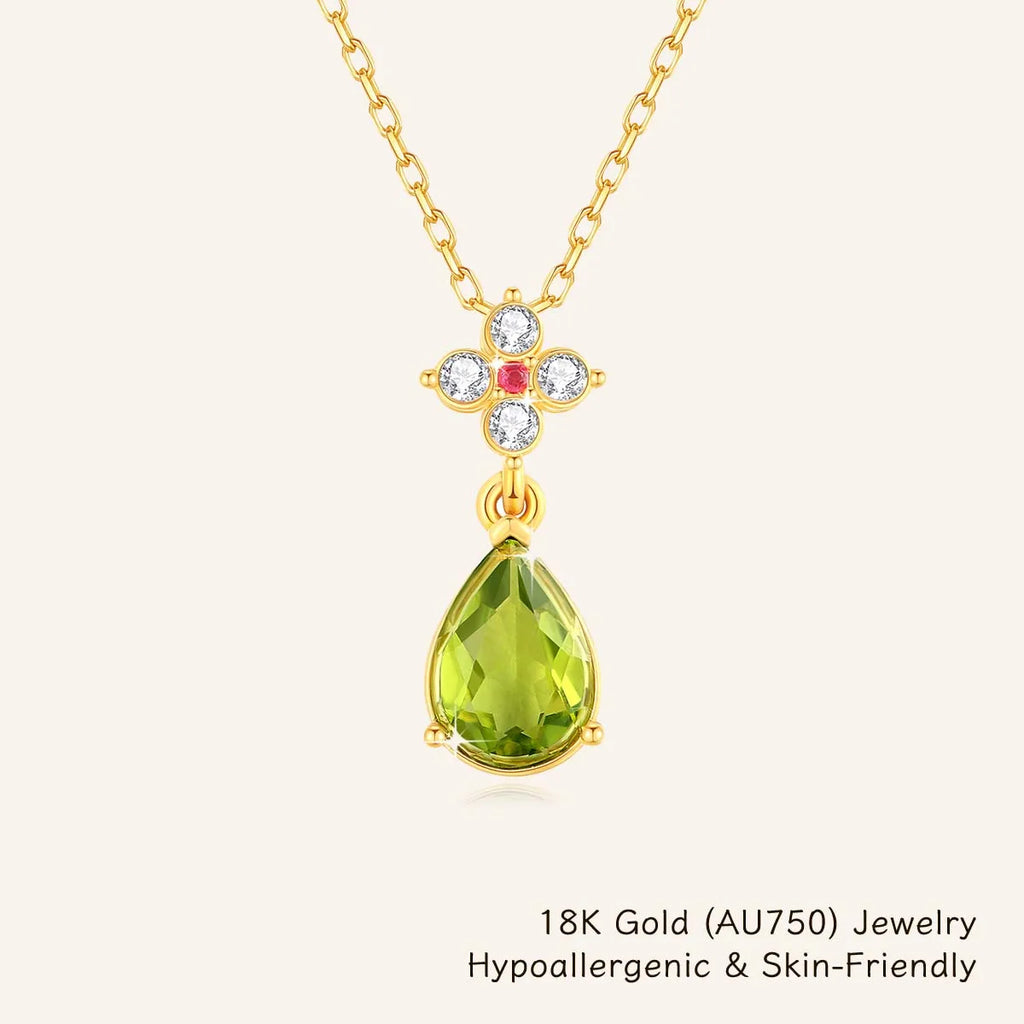 Real 18K Gold AU750 Necklaces Water Drop Natural Peridot Hollow-Out Pendant for Women Birthday Party Hypoallergenic Jewelry Gift