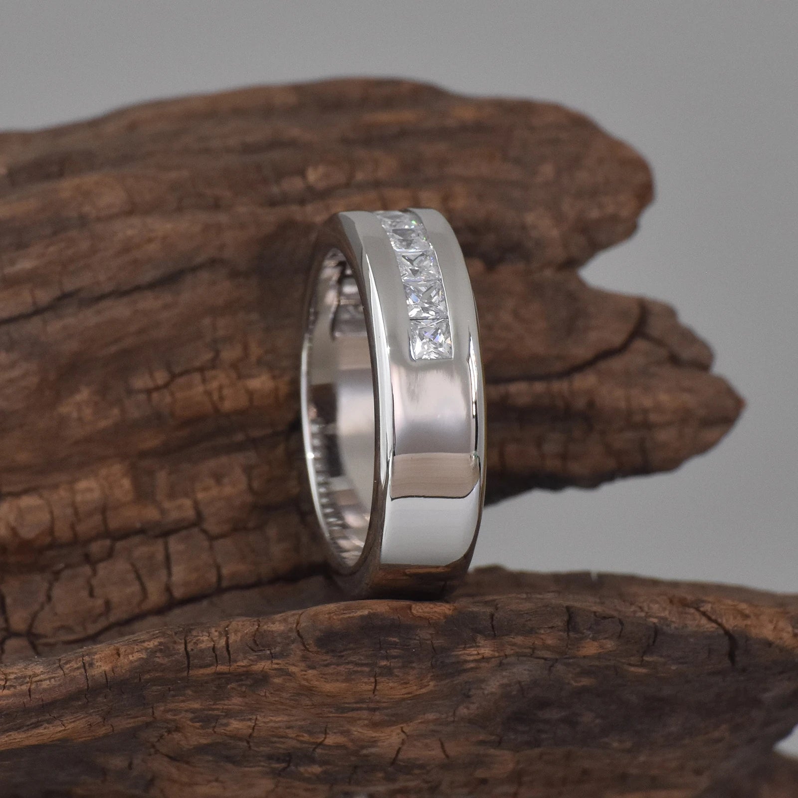Newshe 925 Silver Certified Moissanite Mens Wedding Band Half Eternity Princess Cut Lab Created Diamond Ring Luxury Jewelry