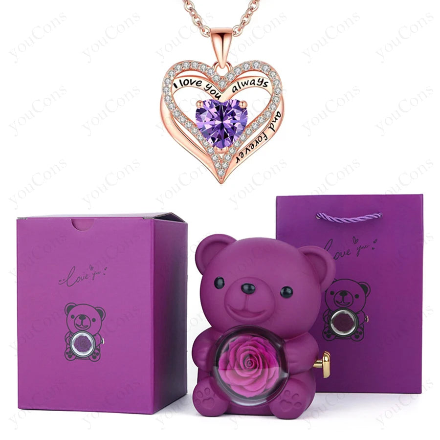 Red Heart Pendant Necklaces With Cute Bear Rose Gift Box For Women Mother Day 2026 Christmas Valentine Wedding Birthday Jewelry