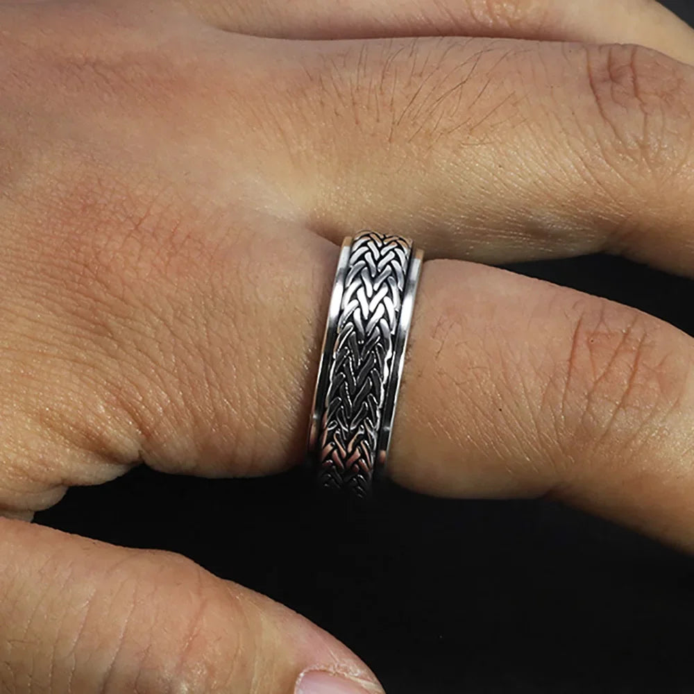 925 Sterling Silver Rotatable Rings For Men And Women Simple Hemp Rope Type Spinner Vintage Male Jewelry