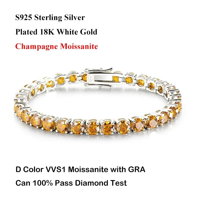 EWYA Luxury Real 3/4/5/6.5MM Full Champagne Blue Green Moissanite Tennis Bracelet for Men Women S925 All Red Diamond Bracelets