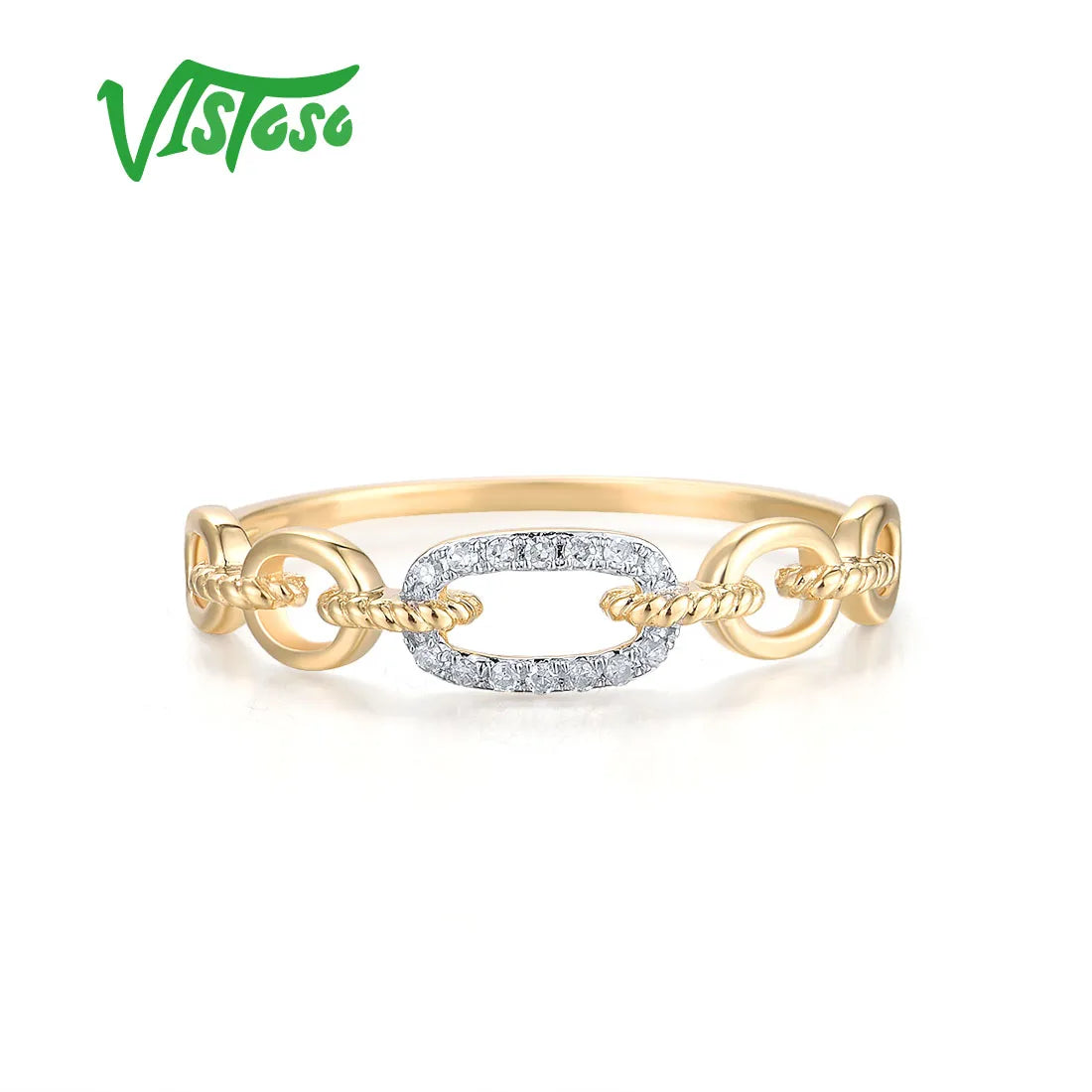 VISTOSO Pure 14K 585 Yellow Gold Ring For Women Sparkling Diamond Chain Link Stackable Concise Wedding Gift Chic Fine Jewelry