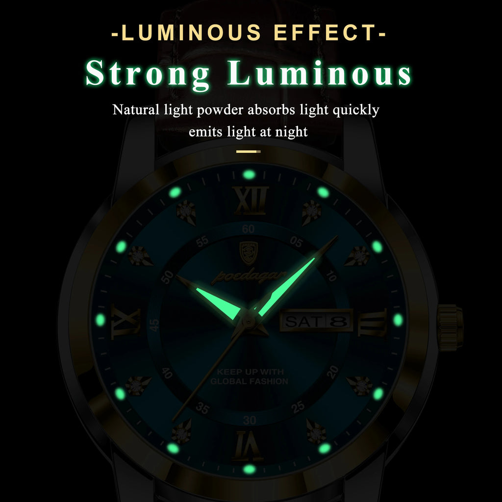 POEDAGAR Top Luxury Man Watch Date Week Waterproof Luminous Leather Men Wristwatch Casual Male Clock Sports Men's Quartz Watches