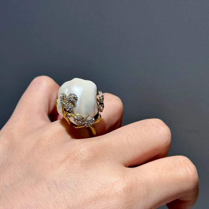 Vintage Bridal Baroque Freshwater Pearl Rings For Woman Adjustable Rhinestones Gold Color Brass Open Jewelry Accessories Wedding