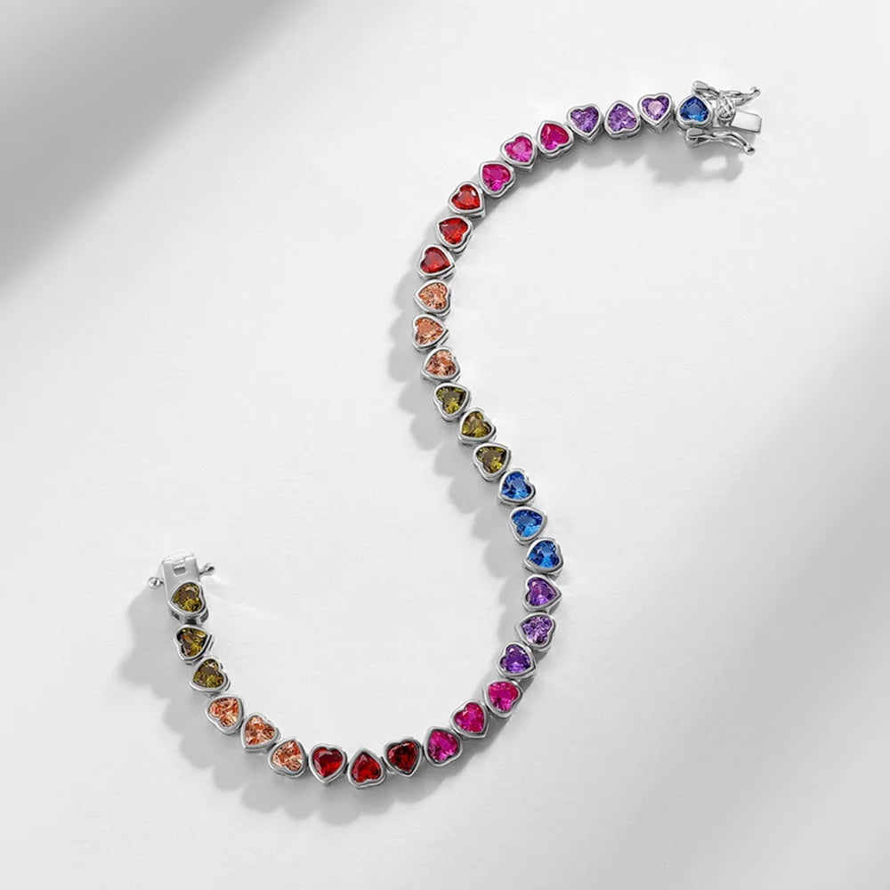 ALLNOEL 925 Sterling Silver Tennis Bracelet Colorful Rainbow CZ Heart Shaped Zircon Bracelet For Women Fine Jewelry Wholesale