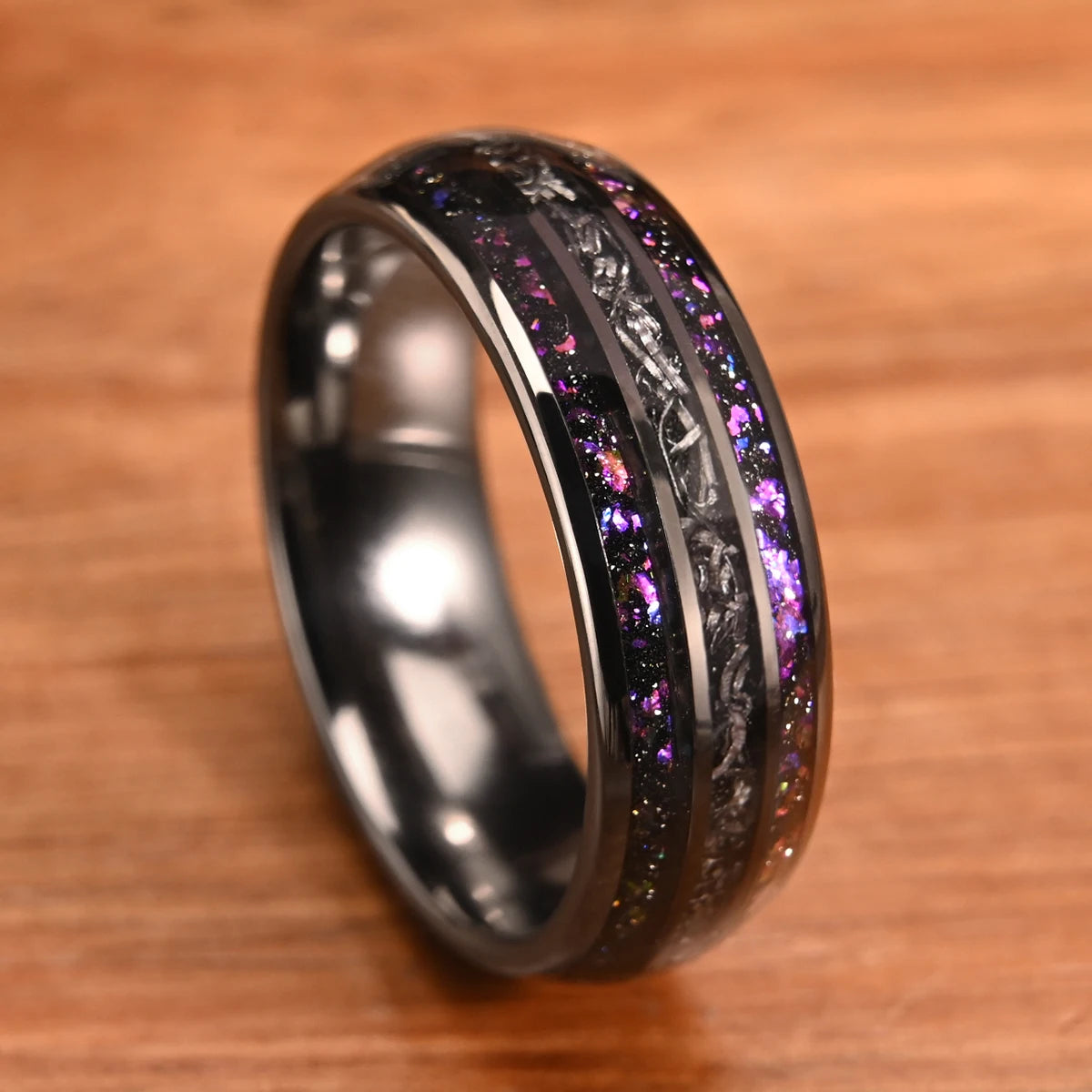 8mm Black Tungsten Carbide Ring Men's Wedding Bands, Inlaid With Meteorite Amethyst Fashion Jewelry Engagement & Wedding Ring