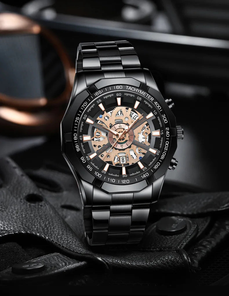 UTHAI Men Watch Light Luxury Brand Business Hollow Luminous Waterproof Stainless Steel Metal Strap Male fashion Quartz Watches