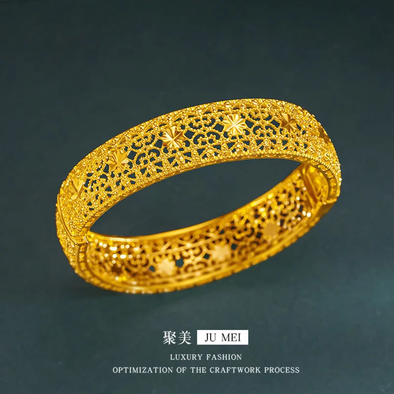 Luxury 24K 9999 Pure Gold real gold Women's buckle openwork flower bracelet