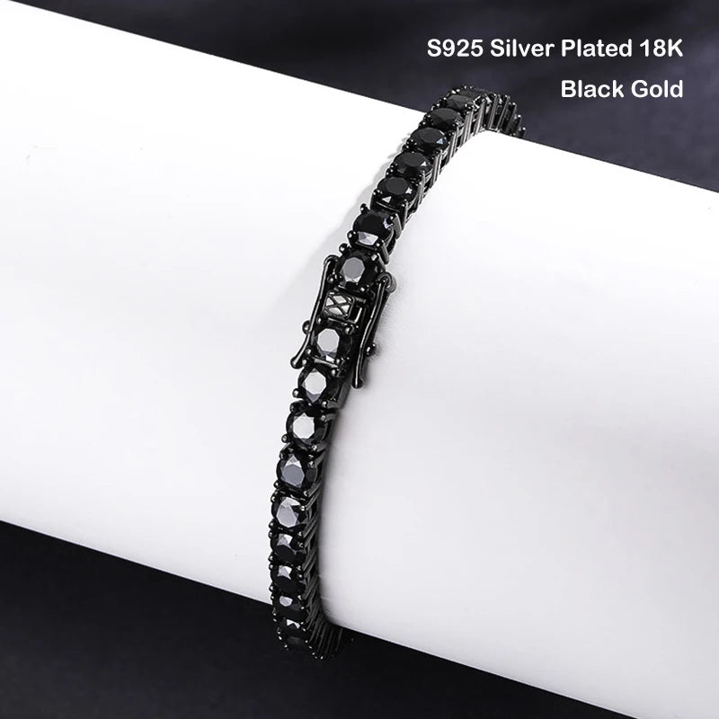 EWYA Full 3/4/5/6.5mm Black Moissanite Tennis Bracelet for Men Women Unisex 925 Silver Plated 18K Black Gold Hip Hop Bracelets