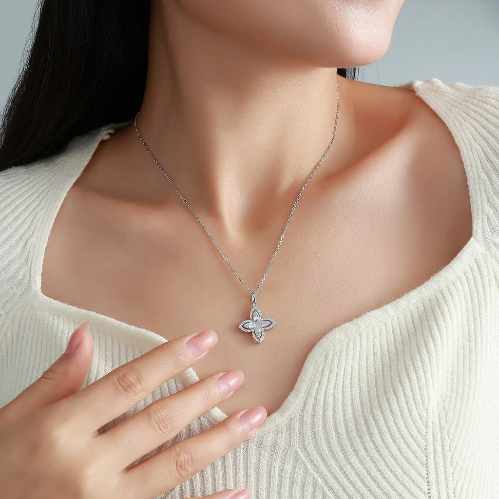 0.53ctw Four-Petal Flower Moissanite Necklace S925 Silver Mixed Baguette Round Stones Women Fashion Clavicle Chain