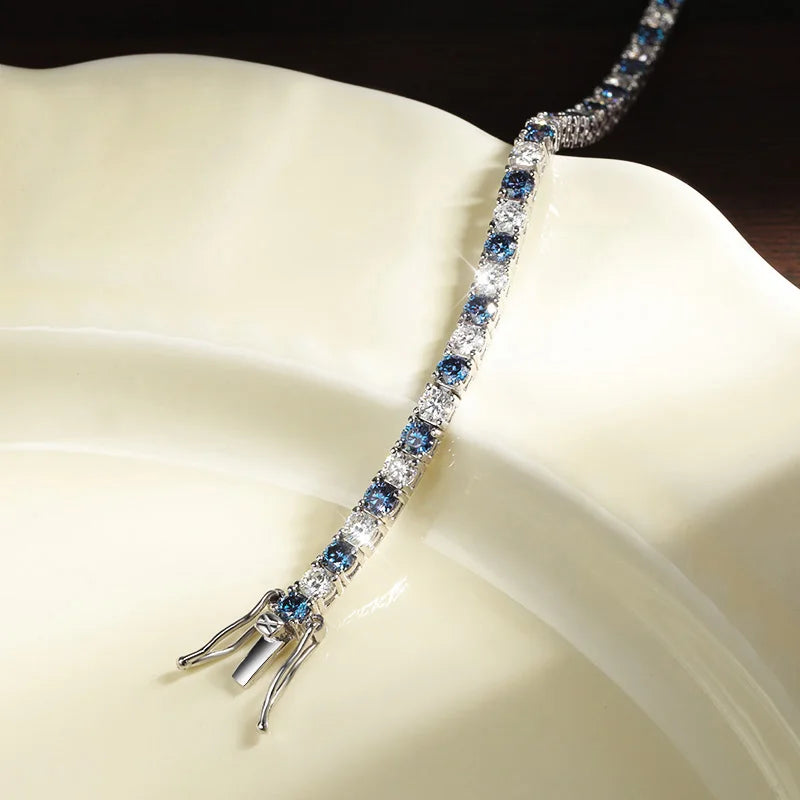 KNOBSPIN Blue Moissanite Tennis Bracelets for Women Man 3mm 4mm Lab Grow Diamond with Certificate 925 Silver Plated 18k Bracelet