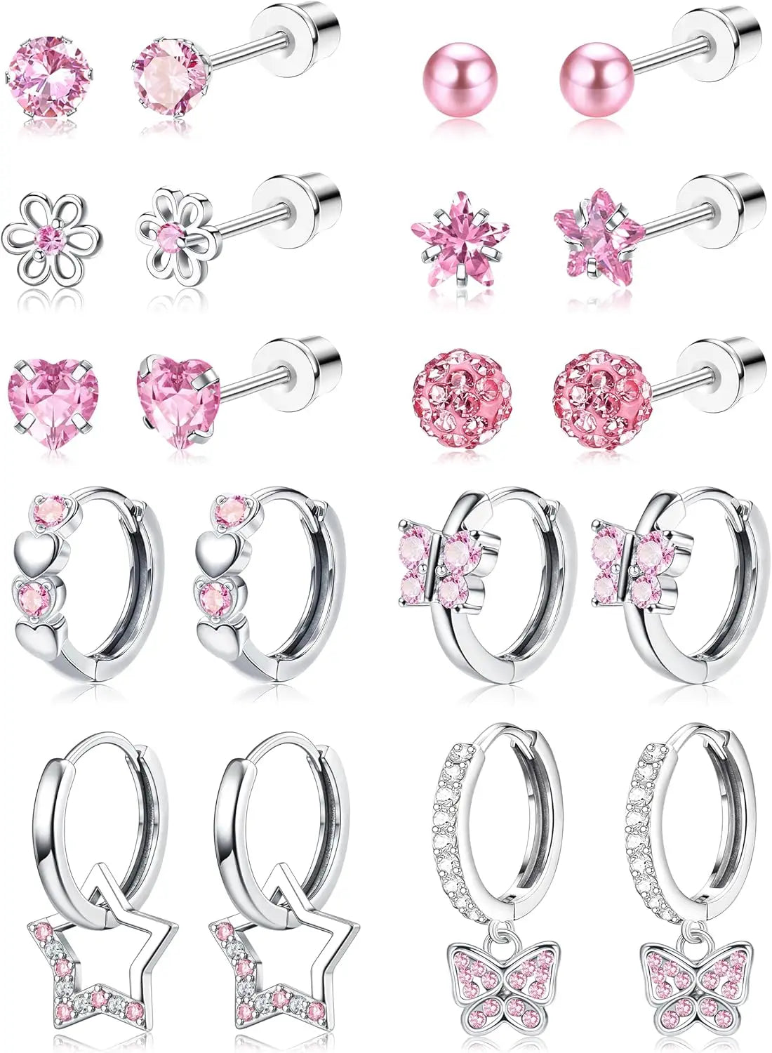 Bobisty 10Paris Earrings Stainless Steel Screw Back Earrings Set For Sensitive Ears Cute Pink Zircon Earrings Hypoallergenic