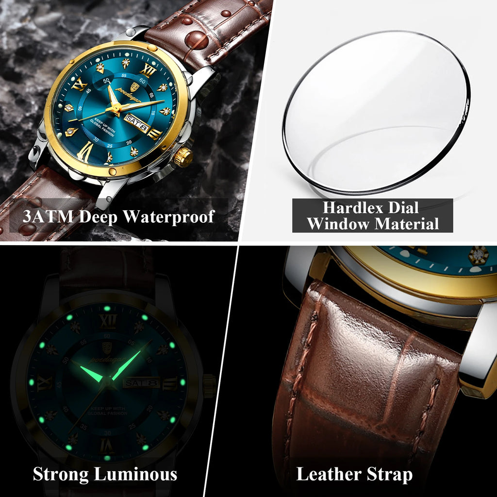 POEDAGAR Top Luxury Man Watch Date Week Waterproof Luminous Leather Men Wristwatch Casual Male Clock Sports Men's Quartz Watches