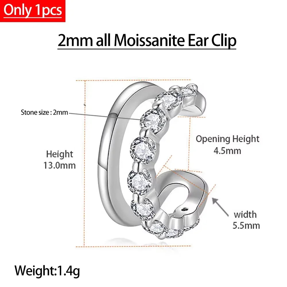 Serenity All D Moissanite Earrings for Women Men S925 Sterling Silver Lab Diamond Ear Clip Plated 18K No hole to wear Girl Gift