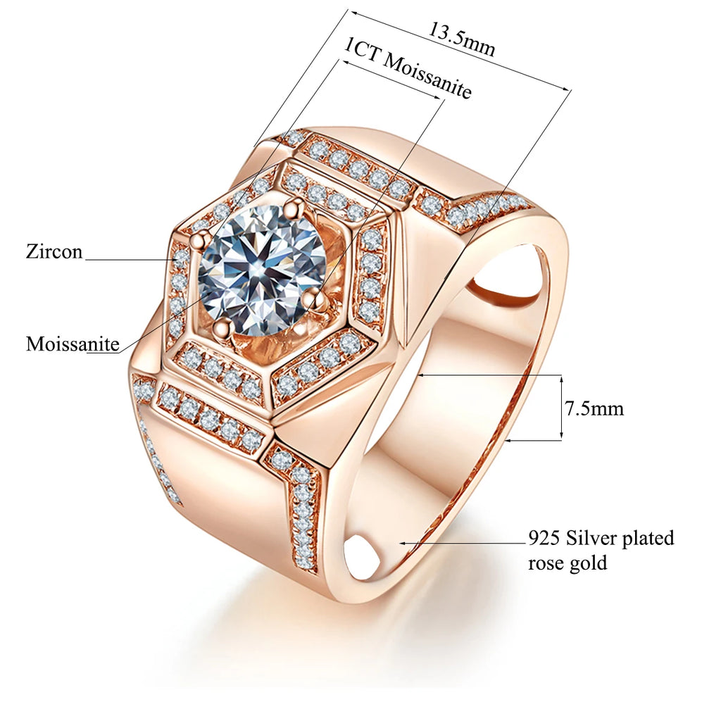 Original 925 Sterling Silver Ring Round Moissanite Diamond Mens Rings Rose Gold Color Thick Luxury Wedding Grooms Fine Jewelry